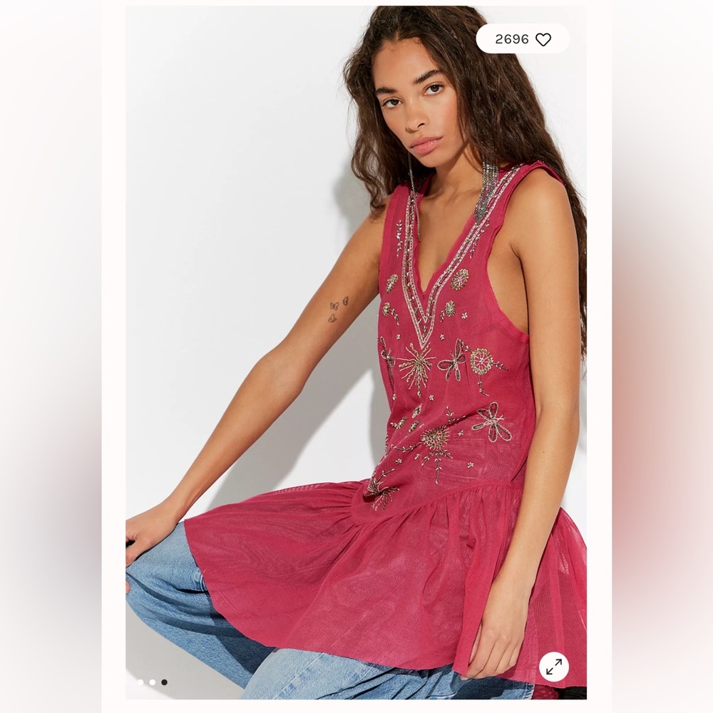 z254. Free People Nightcap Embellished Embroidered Sleeveless Fuchsia$148